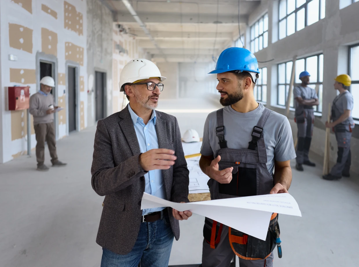 Architect and construction worker discussing plans.