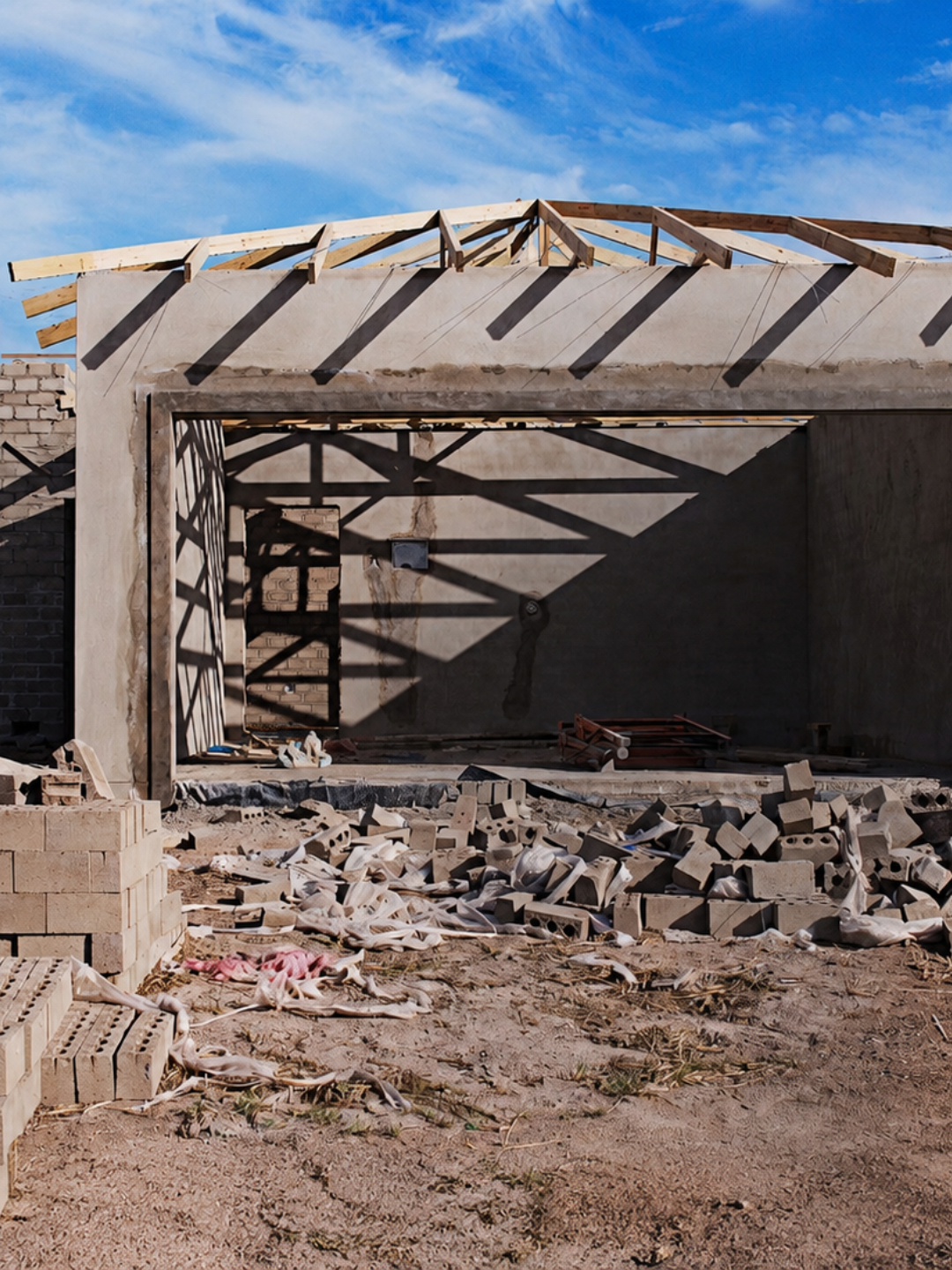 Partially constructed building with scattered bricks.